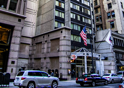 Exterior of the Courtyard Hotel on 5th street.